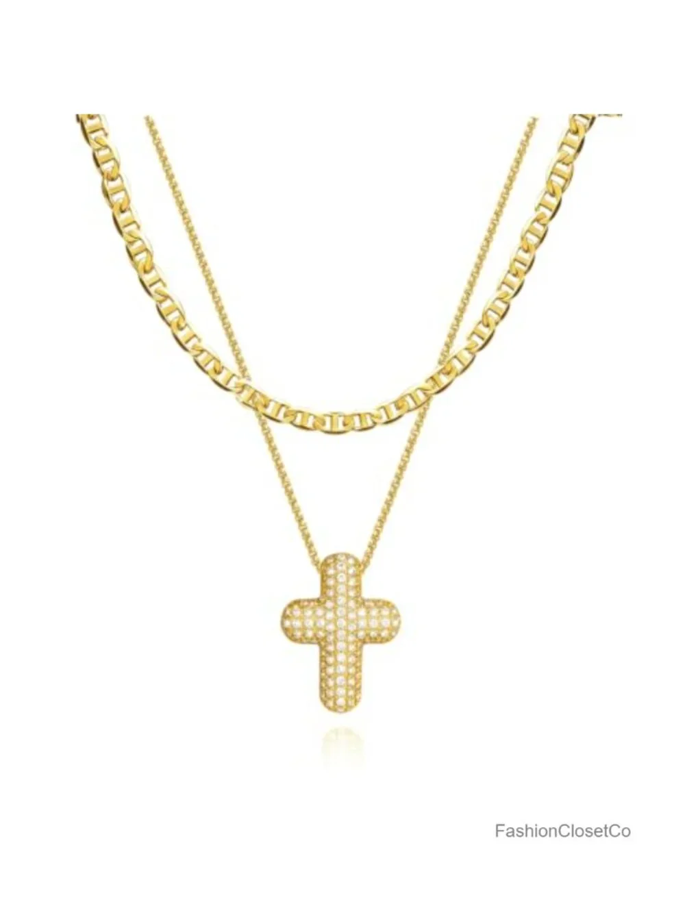 14k Gold Plated Cross Necklace Set with CZ Bubble Pendant